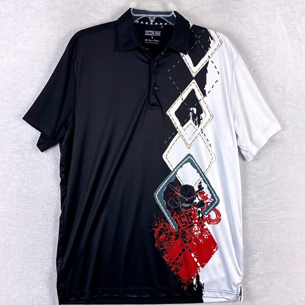 Tattoo Golf Polo Shirt Men L Black White Skull Argyle Performance Summer Punk